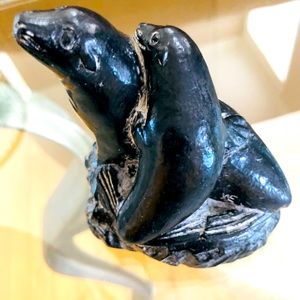 Seal and Pup Soapstone Carved Sculpture, by The Wolf Sculptures, EUC.